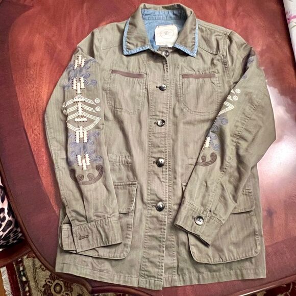 EUC Anthropologie Hei Hei Beaded Embroidered Olive Green Utility Jacket Sz SMALL - Picture 1 of 9